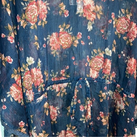 Decree Flowy Blue Floral Chiffon Tie Cinch Waist Blouse Size XL - Picture 6 of 7